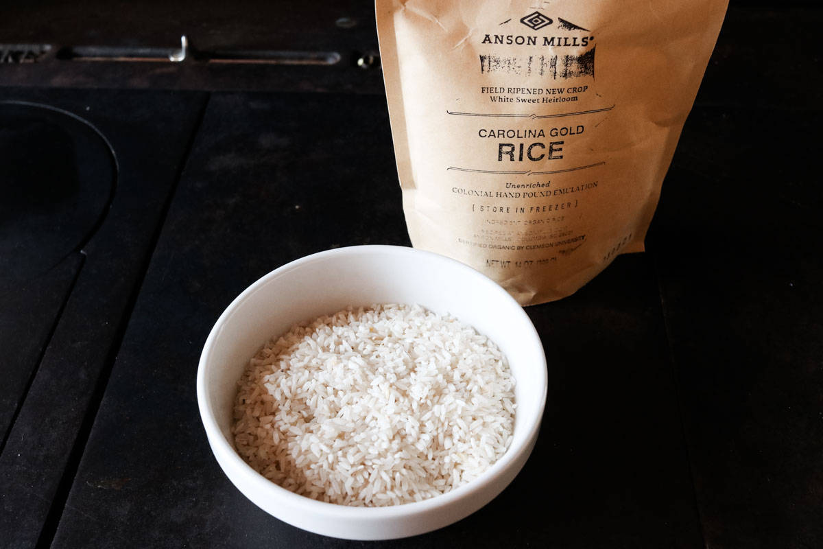 Carolina Gold Rice in packaging and a bowl