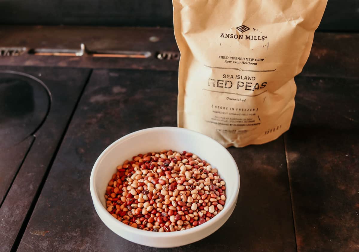 Sea Island Red Peas in packaging and a bowl
