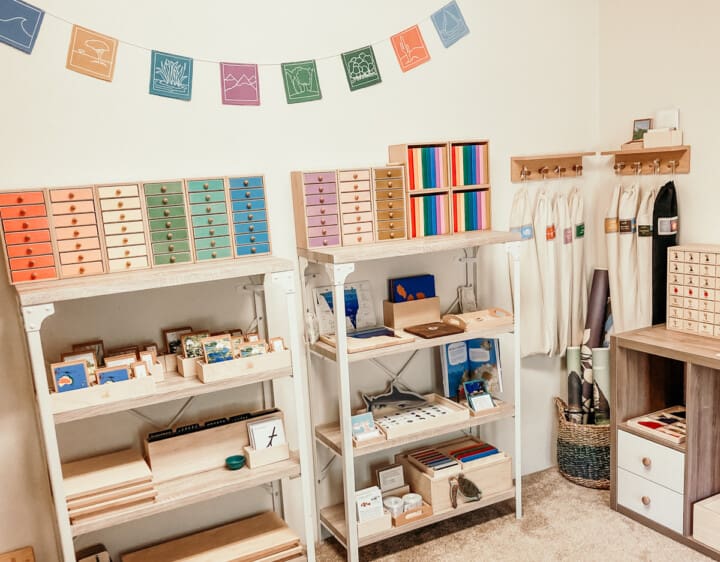 homeschool room with Waseca Biomes materials on shelves