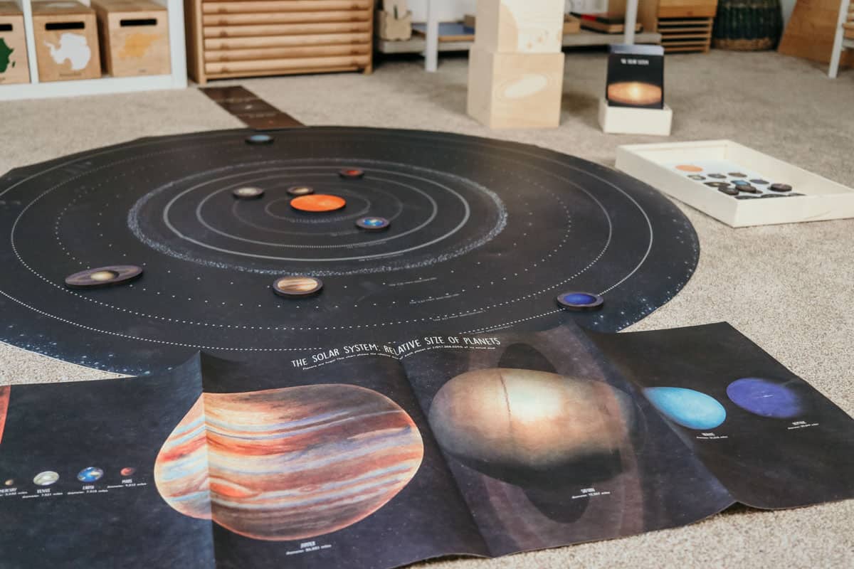 Waseca Biomes Solar System mat with parts of the solar system, fact file cards, and relative size of the planets chart
